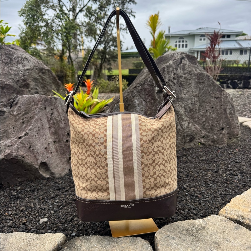 Coach Signature Stripe Canvas Leather Trim Hobo Shoulder Bag Brown Khaki